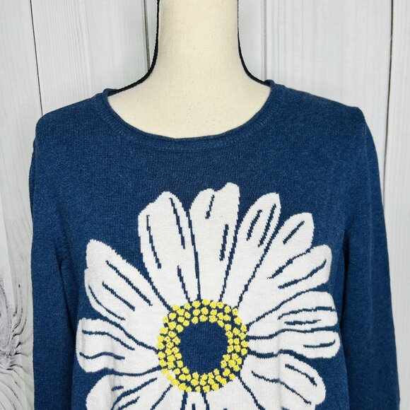 Coldwater Creek Daisy Sweater Sz L Embroidered Daisy Flower Minimalist Blue - Picture 2 of 9